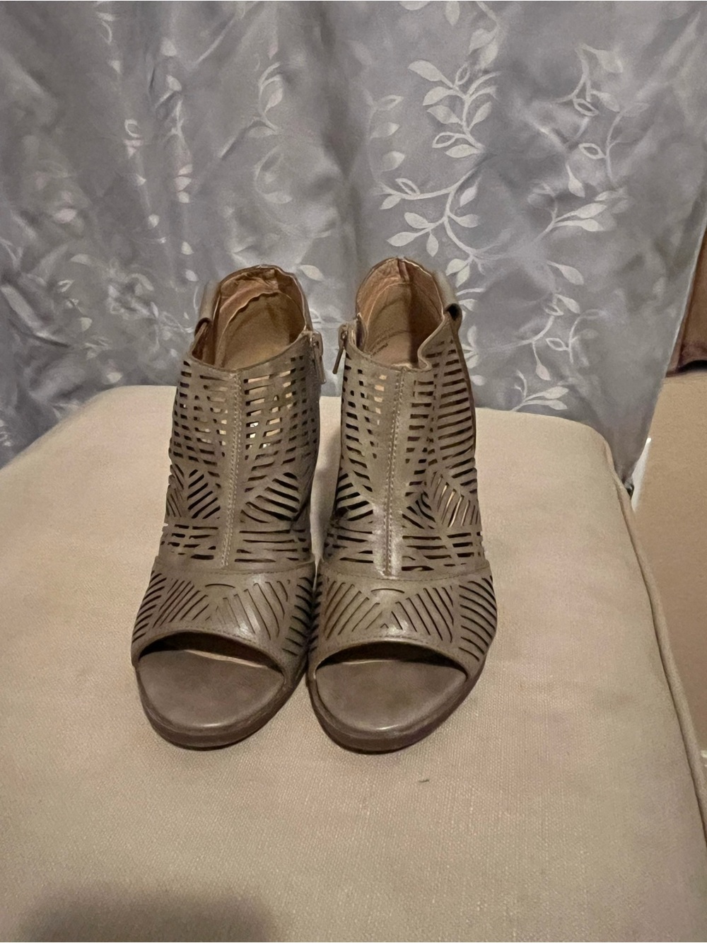 Open-Toe Laser-Cut Ankle Heels in Taupe